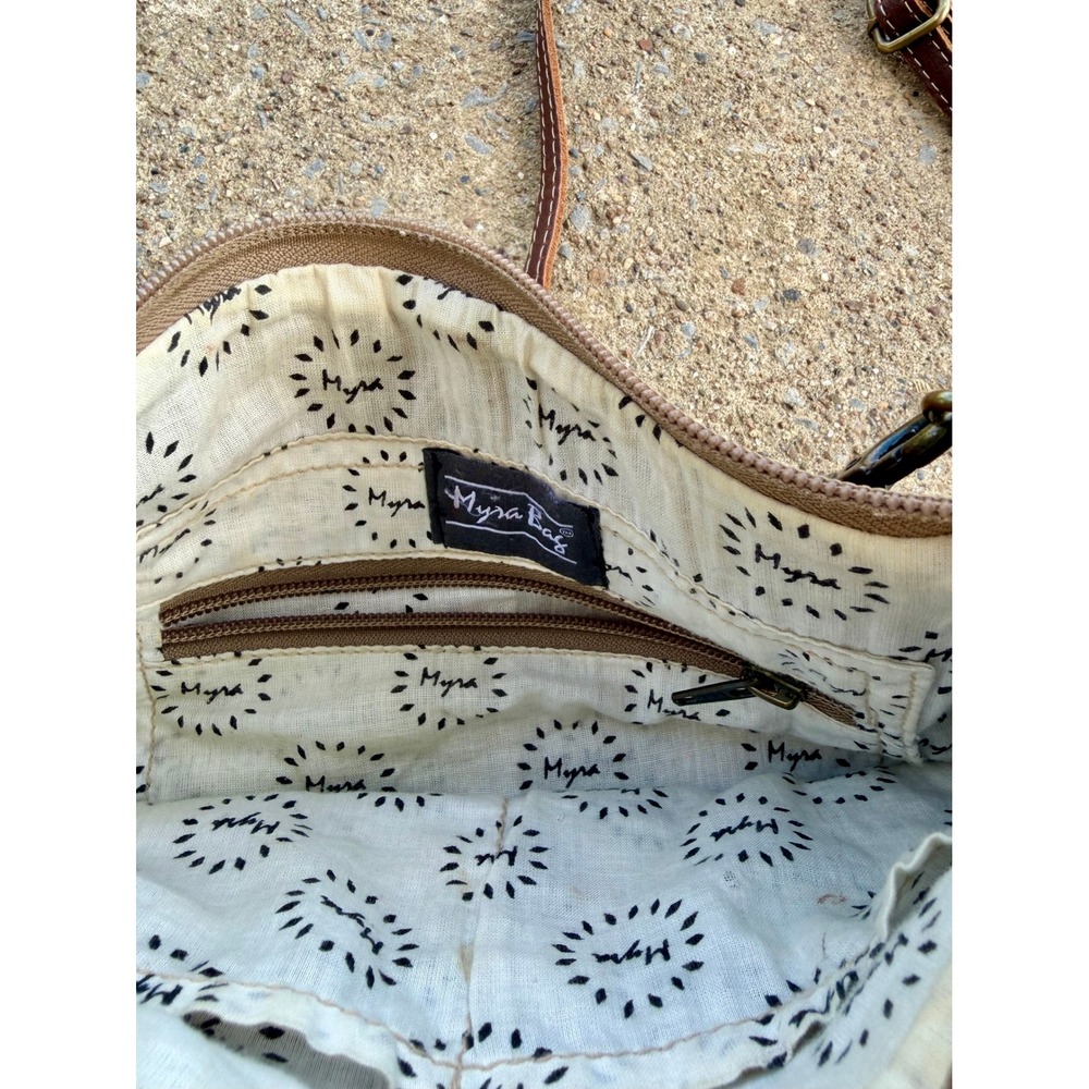 Myra Bag Western Kilim Canvas Hair On Hide Crossbody Bag with Tooled Leather - Picture 3 of 6